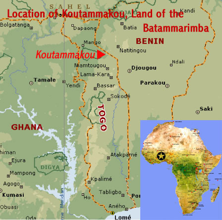 Map showing the location of Koutammakou, Land of the Batammarimba (UNESCO world heritage site, Togo)